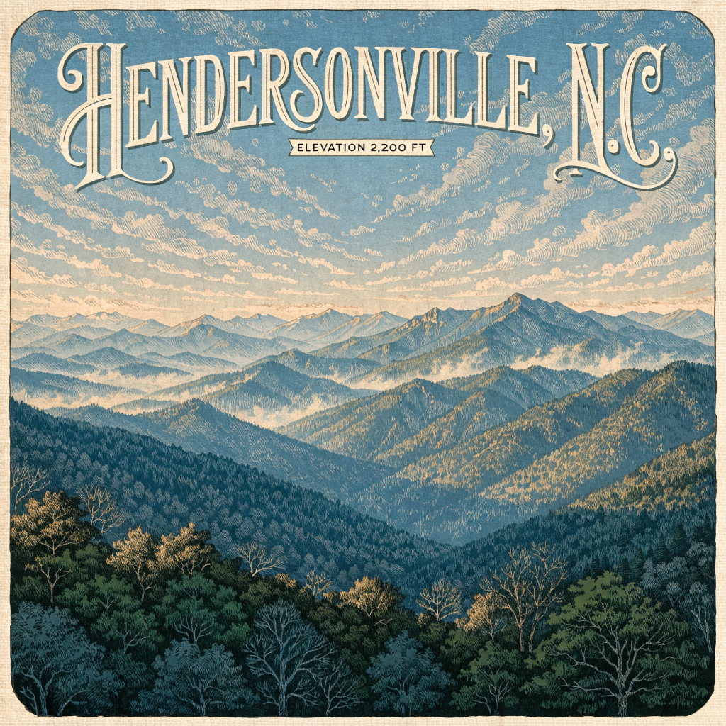 Vintage postcard illustration of Blue Ridge mountains, elevation 2,200 ft