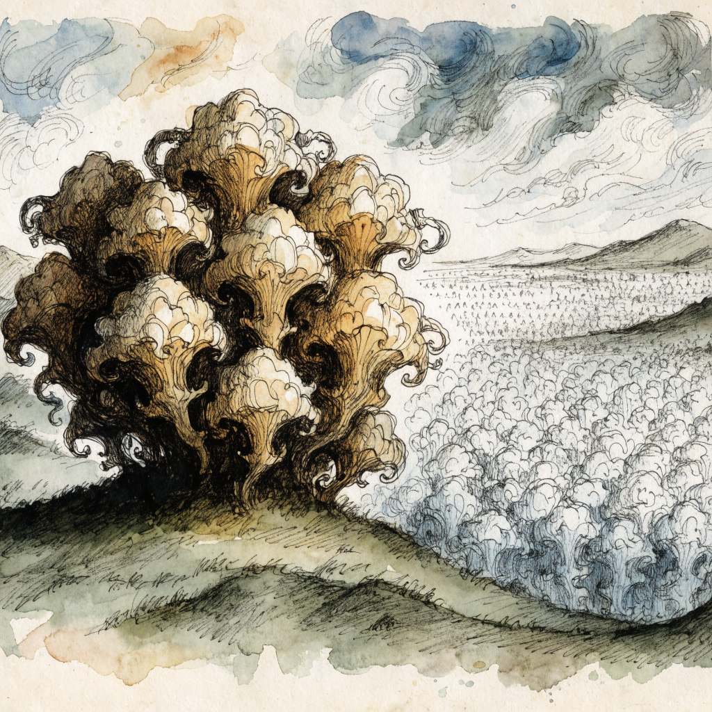 Hand-drawn illustration: a small cluster of large luminous figures on one hill, an immense sea of tiny faint figures stretching to the horizon on the other